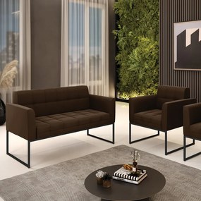 Kit 1 Sofá Namoradeira e 1 Poltrona Elisa Suede Base Metálica Industrial Preto - D'Rossi - Marrom