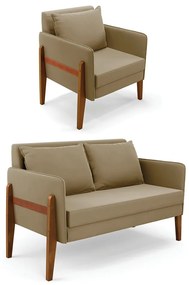 Kit 1 Sofá Namoradeira e 1 Poltrona Lana Suede Base de Madeira - D'Rossi - Marrom Rato