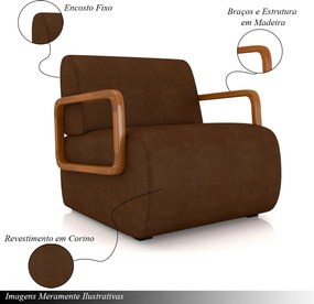 Poltrona Decorativa Sala de Estar Odessa Braços em Madeira PU Marrom G33 - Gran Belo
