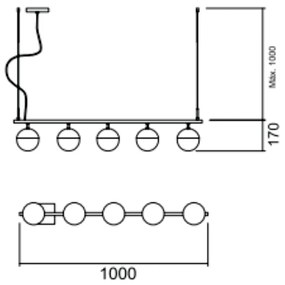 Pendente Gude C/ 5 Globos 100Cm 5L G9 / Metal E Globo Ø12Cm | Usina 16... (BT - Branco Texturizado, FOSCO)