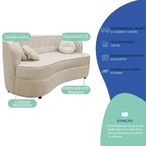 Sofá Curvo 2 Lugares Orgânico Sala Recepção Escritório Decorativo Luxo Panamá 140cm Linho