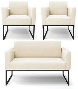 Sofá Namoradeira com 2 Poltronas Base Industrial Preto Marisa Veludo D03 - DRossi - Bege