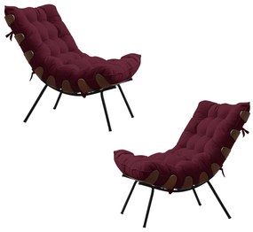 Kit 2 Poltronas Decorativas Sala de Estar Abel Base de Madeira Preto Suede Bordô G41 - Gran Belo