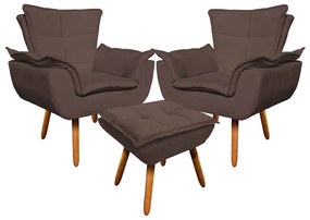 02 Poltronas e 01 Puff Pé Palito de Madeira Opala Suede D03 - D'Rossi - Marrom