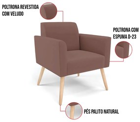 Kit 2 Poltronas Pés Palito Natural Marisa Veludo D03 - D'Rossi - Rose
