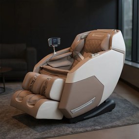 Poltrona de Massagem Reclinação Gravidade Zero Elétrica 3D Marvin Tela LCD com Óculos Massageador de Brinde PU Bege G94 - Gran Belo