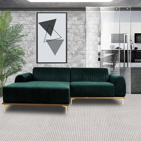 Sofá 4 Lugares Bipartido com Chaise Lado Direito Base de Madeira Euro 265 cm Veludo Verde G15 - Gran Belo