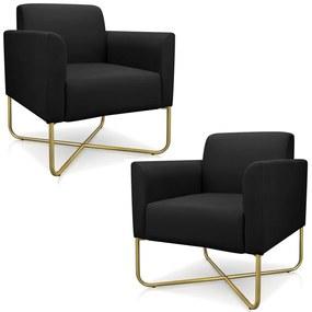 Kit 2 Poltronas Decorativas Isabella Base X Suede Preto/Dourado G19 - Gran Belo