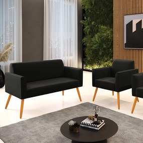 Sofá Namoradeira com Poltrona Pés Palito Castanho Marisa Suede D03 - DRossi - Preto