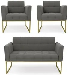 Sofá Namoradeira e 2 Poltronas Base Industrial Dourado Ana Suede Grafi