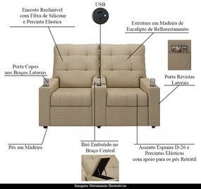 Poltrona do Papai Reclinável Sala de Cinema Movie 2 Lugares Manual Baú USB Linho Bege G23