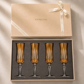 Kit 4 Taças de Cristal Flauta Lapidado 66 p/ Champanhe c/ Caixa de Presente - Amarelo  Amarelo