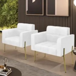 Poltrona Sala Pé Metal Dourado Kit 2 Ana Sintético PU Branco - Ibiza