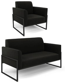 Sofá Namoradeira com Poltrona Base Industrial Alta Preto Marisa Suede D03 - D'Rossi - Preto