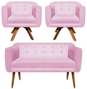 Kit 01 Namoradeira 02 Lugares e 02 Poltronas Giratória Julia Suede com Strass Base Madeira MM30 D'Rossi - Rosa Bebê