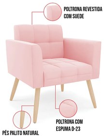 Kit 1 Sofá Namoradeira e 2 Poltronas Elisa Suede Pés Palito Natural D03 - D'Rossi - Rosa Bebê