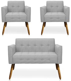 Conjunto 2 Poltronas e 1 Namoradeira Pés Palito Karen Linho Cinza G19 - Gran Belo
