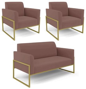 Sofá Namoradeira com 2 Poltronas Base Industrial Alta Dourado Marisa Veludo D03 - D'Rossi - Rose
