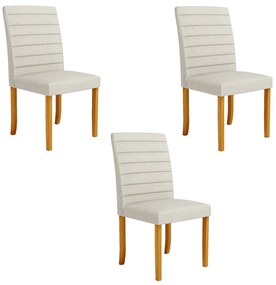 Kit 3 Cadeiras de Sala de Jantar Estofadas Veiga Madeira Maciça Linho Off White G78 - Gran Belo