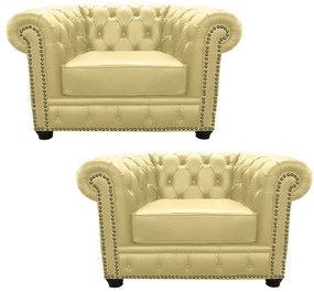 Kit 2 Poltronas Chesterfield com Pés Madeira Couro Bege G40 - Gran Belo