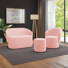 Sofá Namoradeira com Poltrona e Puff Orgânico Sala Malu Suede M11 - D'Rossi - Rosa Bebê