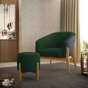 Poltrona e Puff Decorativo Base Madeira Stella PU Preto/Bouclê D03 - D'Rossi - Verde