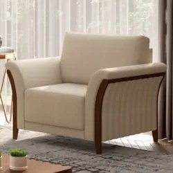 Poltrona Decorativa Sala de Estar 102cm Pés Madeira Roya Z32 Linho Cha