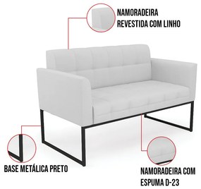 Kit 1 Sofá Namoradeira e 2 Poltronas Elisa Linho Cinza A05 Base Metálica Industrial Preto D03 - D'Rossi