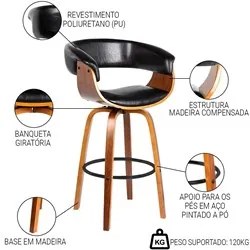 Kit 2 Banquetas Giratória Alta com Encosto Base Madeira Ravi R02 Sinté
