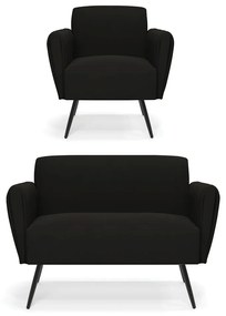 Sofá Namoradeira com Poltrona Pés Palito de Ferro Bruna Suede D01 - D'Rossi - Preto