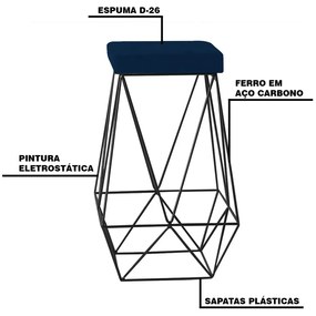 Kit 2 Banqueta Decorativa Kathy Base Preta Veludo Azul G41 - Gran Belo