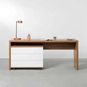 Conjunto Office - Bancada Contemporânea 1,36m + Gaveteiro Contemporâneo 3 Gavetas 85cm - Louro Freijó e Branco