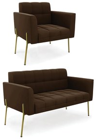 Sofá Namoradeira e Poltrona Pé de Ferro Dourado Elisa Suede D03 - D'Rossi - Marrom