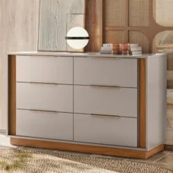 Cômoda Quarto 130cm Casal com 6 Gavetas Dino Nogueira/Nude D02 - Mpoze