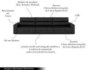 Sofá Retrátil 5 Lugares 314cm 3 Módulos Nero com USB Couro Preto G52 - Gran Belo