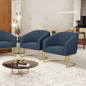 Cadeira Sala de Jantar Base Industrial Dourado Kit 2 Stella Suede D03 - D'Rossi - Azul Marinho
