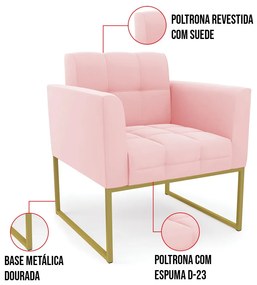 Kit 2 Poltronas Elisa Suede Base Metálica Industrial Dourado D03 - D'Rossi - Rosa Bebê