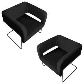Kit 2 Poltronas Decorativas Lucy Base Aço Grafite Veludo Preto G15 - Gran Belo