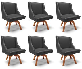 Kit 6 Cadeiras Decorativas Sala de Jantar Base Giratória de Madeira Firenze PU Preto Fosco/Natural G19 - Gran Belo