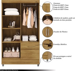 Guarda Roupa Solteiro Abruzzo 4 Portas de Bater 2 Gavetas com Cabideiro Nature G98 - Gran Belo