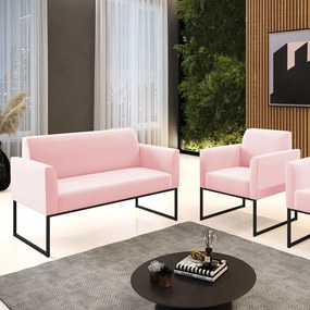 Sofá Namoradeira com Poltrona Base Industrial Preto Marisa Suede Rosa Bebê D03 - D'Rossi