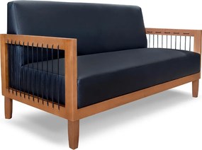 Sofá Namoradeira 2 Lugares Sala de Estar Pés Madeira Maciça Corda Náutica Preta 160cm Manila PU Preto G63 - Gran Belo