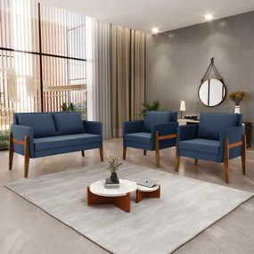 Kit 1 Sofá Namoradeira e 2 Poltronas Lana Suede Azul Marinho Base de Madeira - D'Rossi