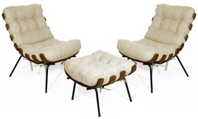 Kit 2 Poltronas Decorativa Costela Com Puff Costela Suede Bege
