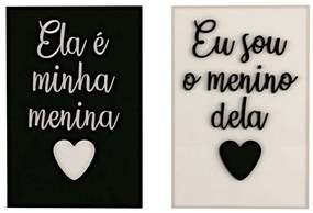 Kit de Quadros 3D Ela é minha menina Eu sou o menino dela 30x20 cm - Preto E Branco