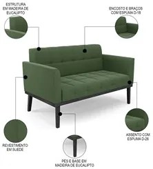 Sofá Namoradeira Base Madeira Preto Ana Suede Verde - Ibiza