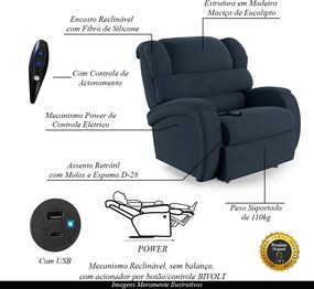Poltrona do Papai Sala de Cinema Reclinável Kylie Controle Power Elétrico USB Veludo Azul G23