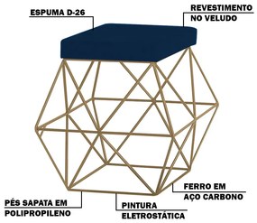 Puff Decorativo Sala de Estar Base Gold Trixie Veludo Azul G41 - Gran Belo