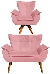 Kit Namoradeira 2 Lugares e 1 Poltrona Decorativa Giratória Madeira Op