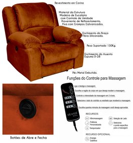 Poltrona do Papai Reclinável Elétrica com Massagem Magnum Veludo Telha G23 - Gran Belo